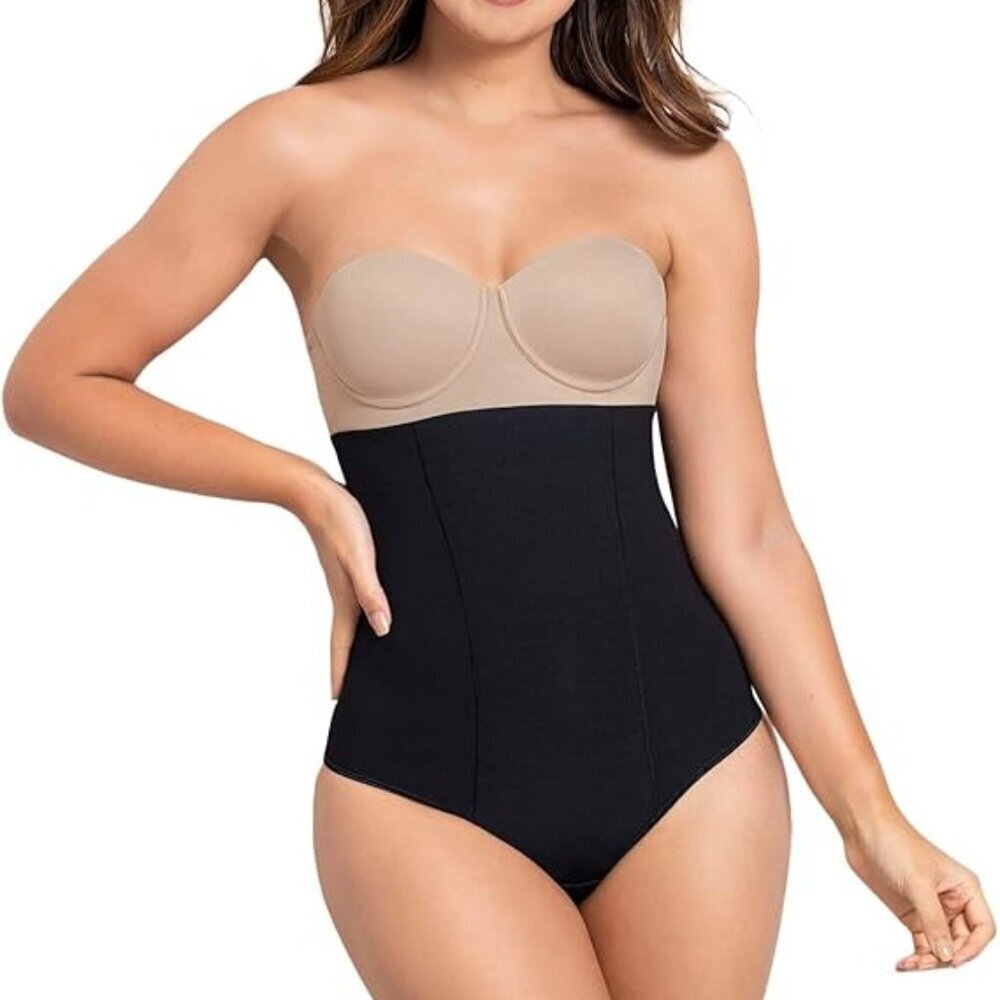 New! Leonisa Black High Waisted Tummy Control Thong Shapewear Large 45885